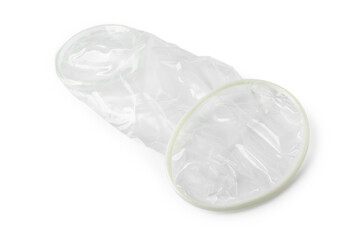 Unrolled female condom isolated on white. Safe sex