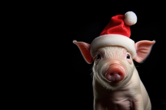 Mini pig wearing christmas hat on black background
