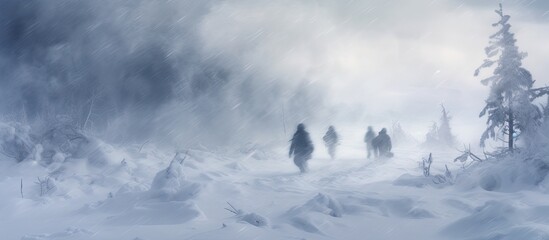 Walking through the blizzard in winter