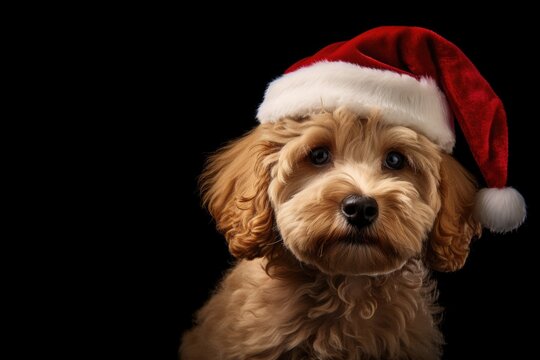 poddle Wearing a Christmas Hat isolated in black background