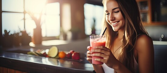 Youthful woman enjoying a fruity smoothie in the kitchen