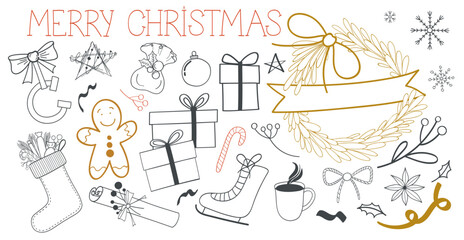 Christmas doodle set. Holiday scribble collection.