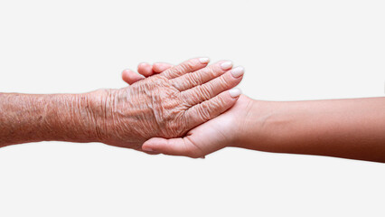 holding hands of an elderly person and a young man