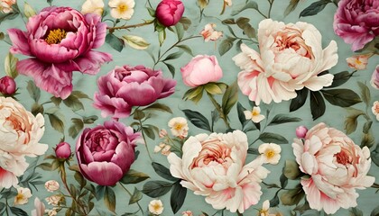 Vintage floral wallpaper with peonies and roses