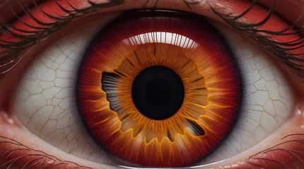 Foto op Aluminium A strikingly captivating close-up macro image displays an eye with a meticulously detailed iris, radiating an intense shade of red that draws © Mariana