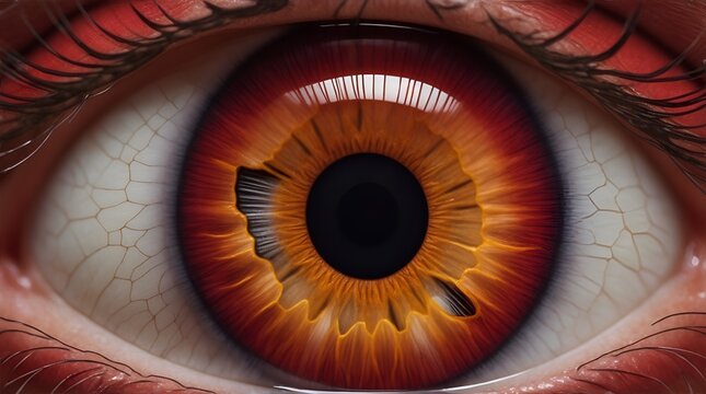 A strikingly captivating close-up macro image displays an eye with a meticulously detailed iris, radiating an intense shade of red that draws
