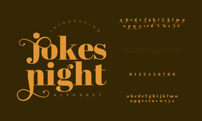 Jokesnight premium luxury elegant alphabet letters and numbers. Elegant wedding typography classic serif font decorative vintage retro. Creative vector illustration