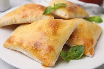 Delicious samosas and basil on white table, closeup