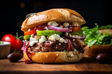 Delicious burger topped with feta cheese and olives. Generative AI