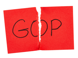 Isolated GOP written in black marker on red paper ripped down the middle