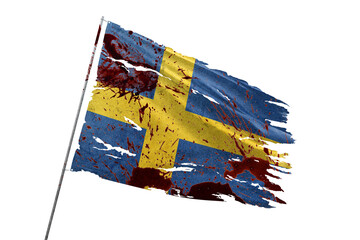 Sweden torn flag on transparent background with blood stains.
