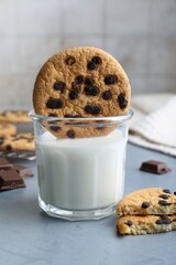 Delicious chocolate chip cookie dipped into glass of milk at grey table