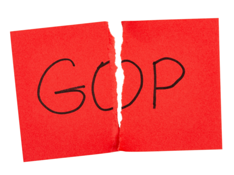 Isolated GOP written in black marker on red paper ripped down the middle