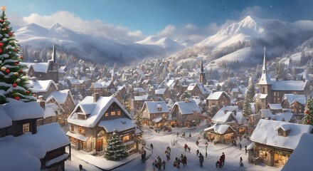 Picturesque Winter Wonderland Village in the mountains, Panorama in the Alps, Wallpaper for the Winter and Holiday Season














































 - obrazy, fototapety, plakaty