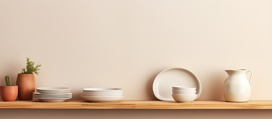 Fototapeta na wymiar Wooden shelf with clean dishes