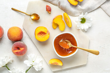 Composition with tasty peach jam, fresh fruits and flowers on light background