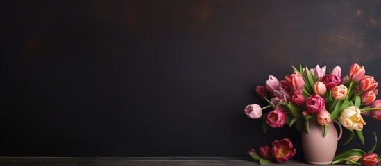Dark wall background with vase of flowers and wooden frame