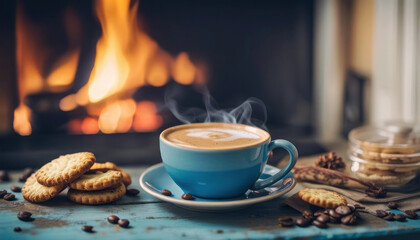 Frothy coffee with biscuits by the fireplace - obrazy, fototapety, plakaty