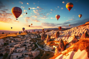 Ancient town of Uchisar castle at sunset Landscape Goreme national park, Cappadocia Turkey with many big balloons​ on sky,