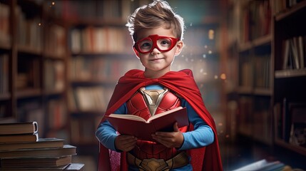Child in superhero outfit in a library, concept of knowledge and reading. Generative AI - obrazy, fototapety, plakaty