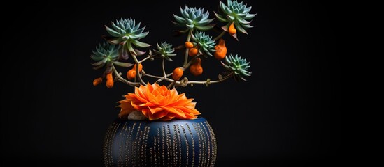 Black background isolated cactus pot orange thorn fero cactus