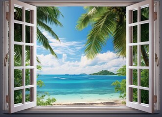 Tropical landscape with open window, beautiful blue sea and sun. Generative AI