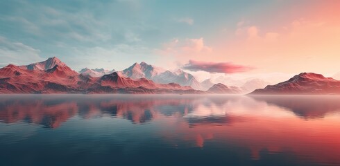 Landscape with frozen mountains reflecting in the waters of a lake, digital illustration. Generative AI
