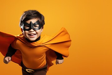 Illustration of a child dressed in a superhero costume, concepts of dreams and imagination. Generative AI