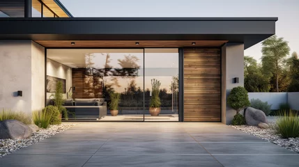 Fototapeten Aesthetic home entrance with large glass sliding doors with lots of copy space © Ziyan Yang