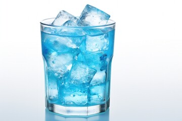 Digital illustration of glass with ice and blue drink, white background. Generative AI