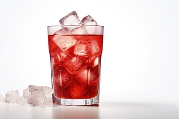 Digital illustration of glass with ice and red drink, white background. Generative AI