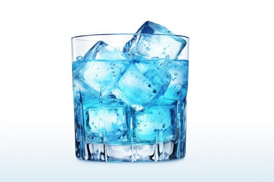 Digital illustration of glass with ice and blue drink, white background. Generative AI