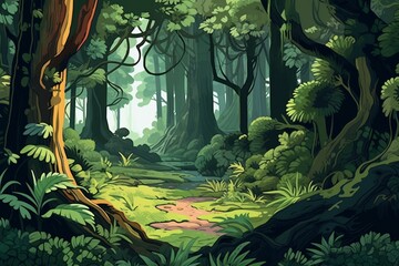 Illustration of lush trees in a verdant forest. Generative AI