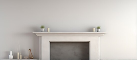 Empty traditional fireplace blank walls and mantle piece mockup shelf in a ing