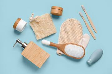 Composition with cosmetics and bath supplies on color background