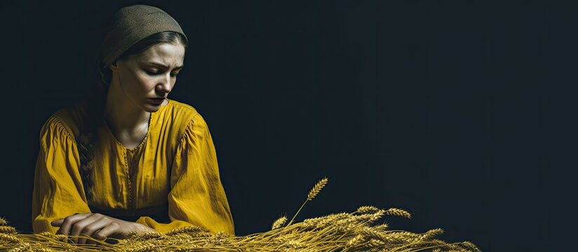 Depicting famine in Ukraine during 1932 1933 a woman signifies hunger and sorrow The Law of Five Three Spikelets represents the systematic genocide of the Ukrainian people known as the Holo