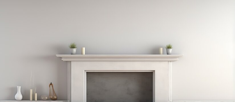 Empty traditional fireplace blank walls and mantle piece mockup shelf in a ing