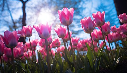 Nature landscape with many beautiful tulips in the middle of the forest, trees and sun rays. Generative AI