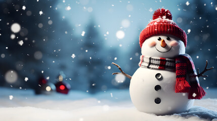 Fototapeta premium blue background with a cheerful snowman, banner With copy space