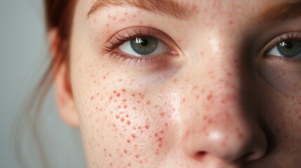 Obraz premium acne on woman face with rash skin, scar, and red skin syndrome allergic to cosmetics, use steroids, dermatology, inflammation, infection, hygiene.