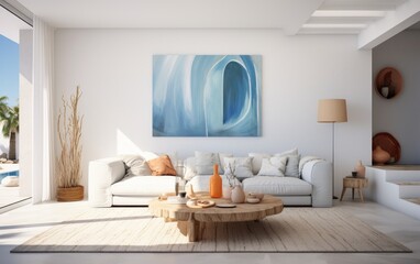 Fototapeta na wymiar Interior of a modern, minimalist house decorated with summery mediterranean elements