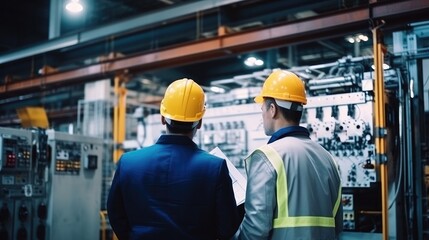 Engineers and factory managers wearing safety helmet inspect the machines in the production. inspector opened the machine to test the system to meet the standard. machine, maintenance