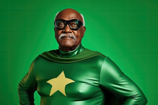 Elderly black man in superhero outfit, digital illustration. Generative AI