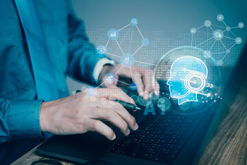 Businessman Engaging with AI on Virtual Display Screen