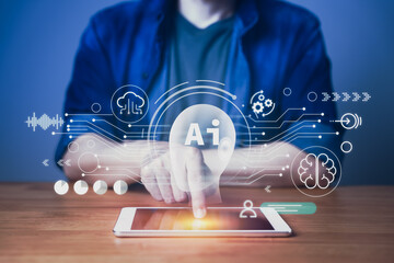 Man Interacting with Virtual AI on Tablet Display