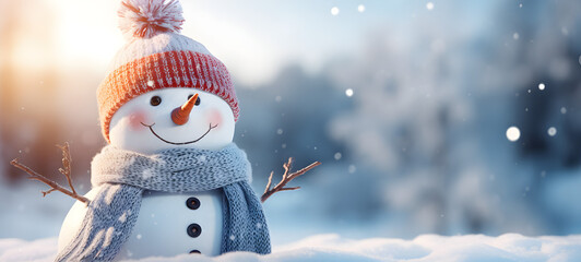 snowman closeup - cute, funny, laughing - wearing wool hat and scarf - on snowy snowscape - with bokeh lights - illuminated by the sun - winter holiday Christmas background banner With copy space - obrazy, fototapety, plakaty