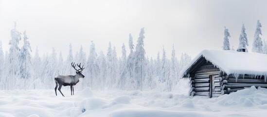 Finnish Lapland winter scenery with reindeer and log cabin