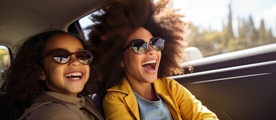 African American daughter and mother enjoying road trip in car