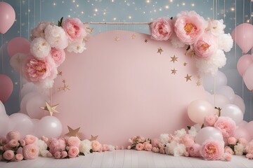 Peony Baby Digital Backdrop Photography Background Cake Smash Pastel Pink Backdrop Balloons Overlays Floral Baby Shoots Birthday Party Prop