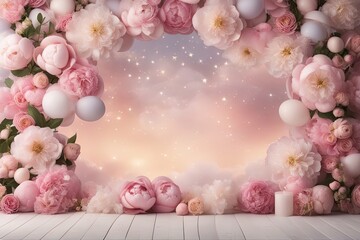 Peony Baby Digital Backdrop Photography Background Cake Smash Pastel Pink Backdrop Balloons Overlays Floral Baby Shoots Birthday Party Prop